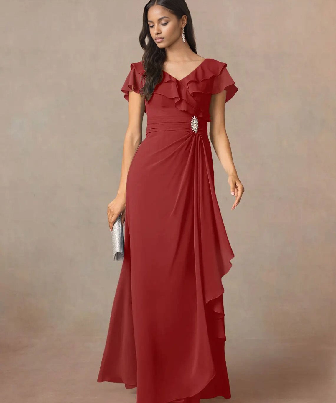 Augday A-Line V-Neck Ruched Chiffon Dress