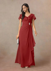 Augday A-Line V-Neck Ruched Chiffon Dress