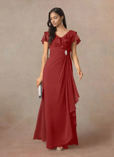 Augday A-Line V-Neck Ruched Chiffon Dress