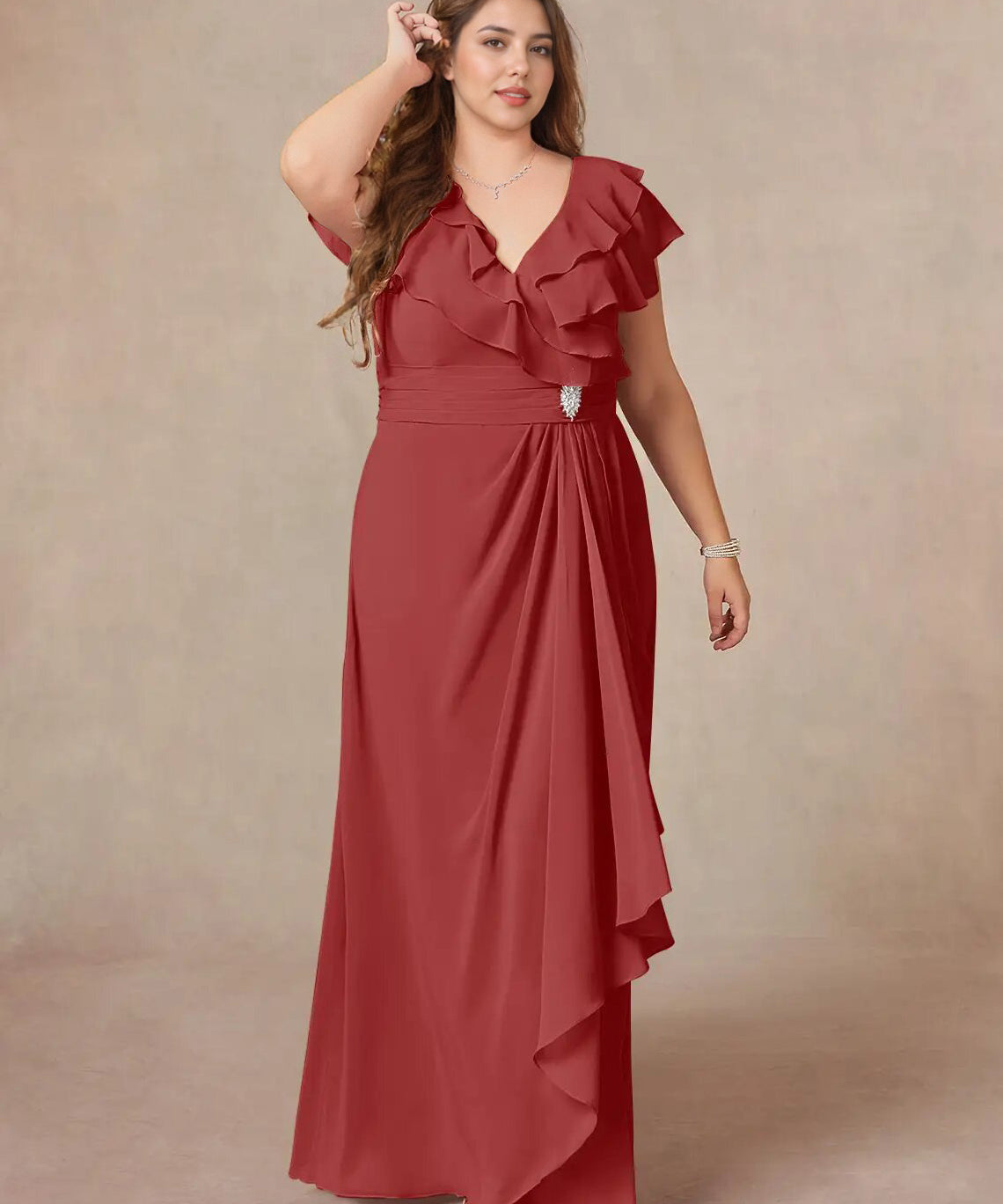 Augday A-Line V-Neck Ruched Chiffon Dress Plus Size
