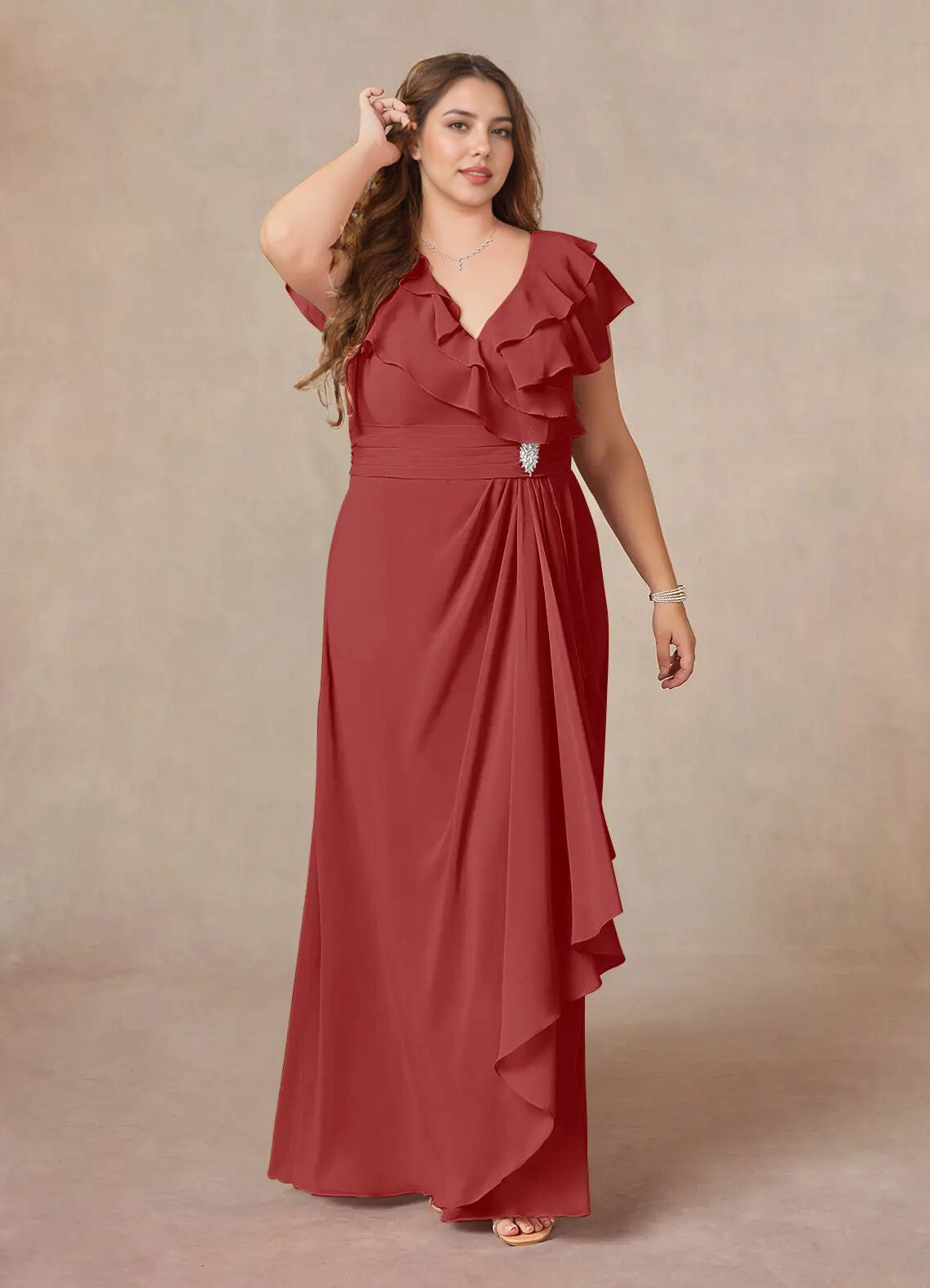 Augday A-Line V-Neck Ruched Chiffon Dress Plus Size