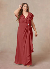 Augday A-Line V-Neck Ruched Chiffon Dress Plus Size
