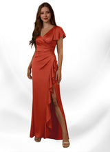 Augday Roya Mermaid V-Neck Pleated Stretch Satin
