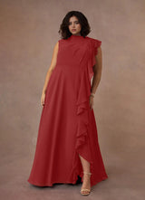 Augday A-Line High Neckline Pleated Chiffon Dress Plus Size
