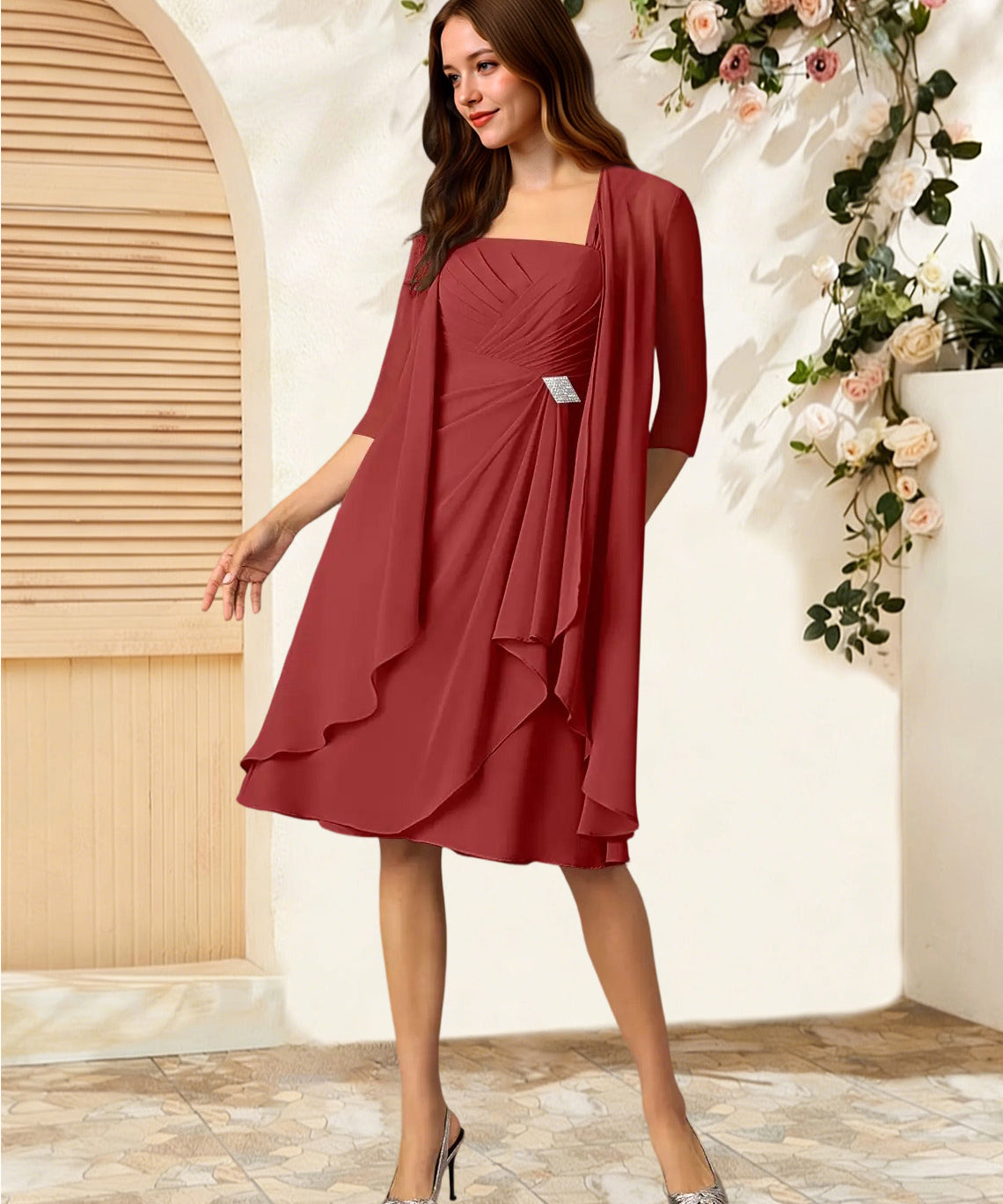 Augday Olivia A-Line Square Neckline Pleated Chiffon Dress