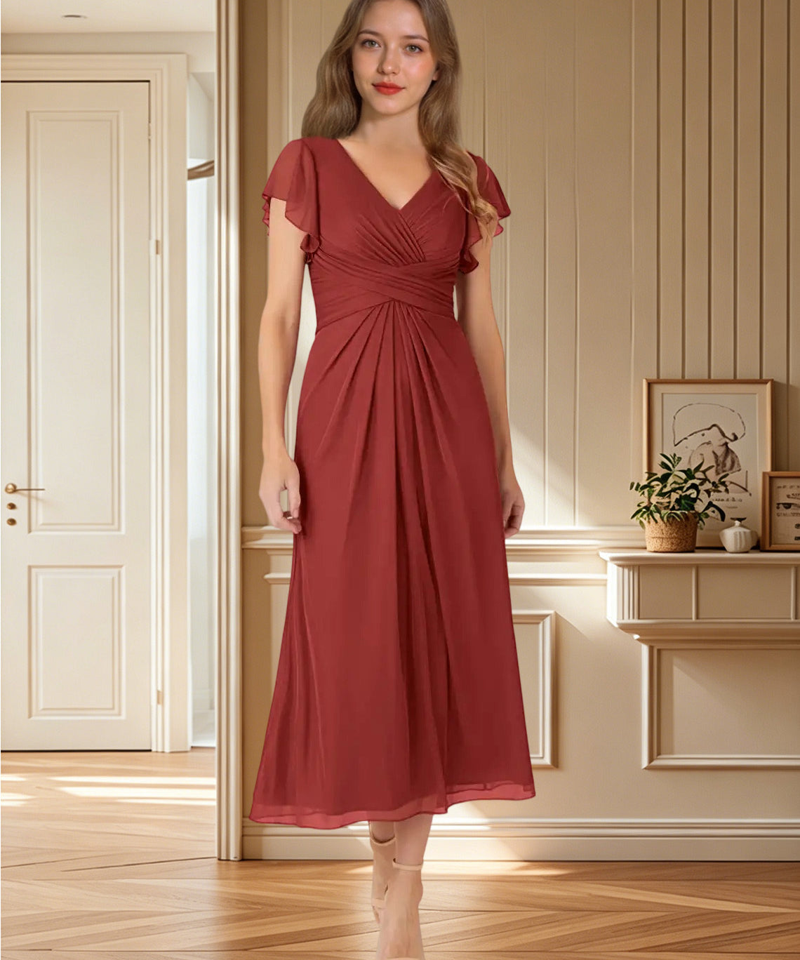 Augday Vera A-Line V-Neck Pleated Mesh Dress