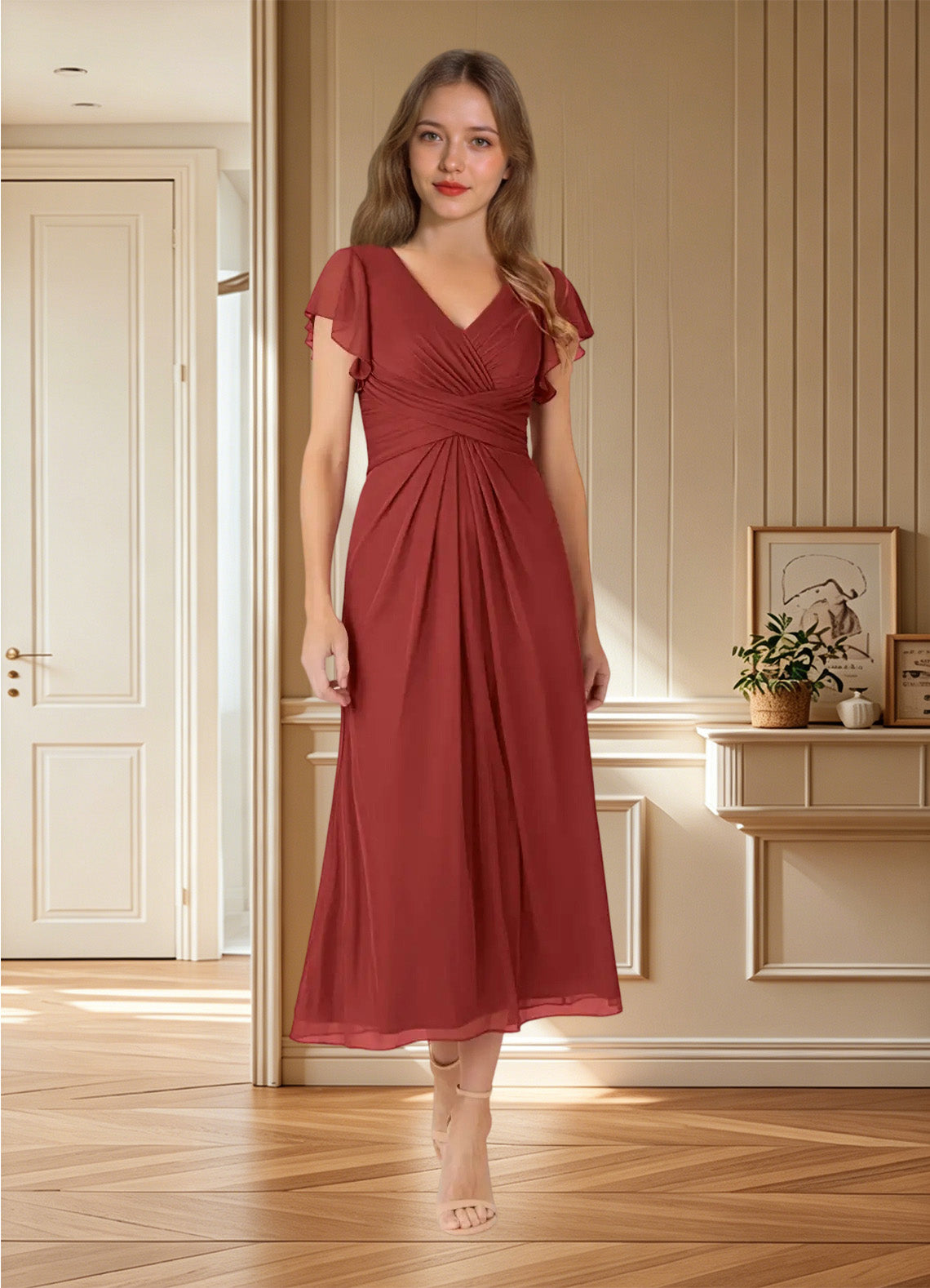 Augday Vera A-Line V-Neck Pleated Mesh Dress