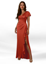 Augday Roya Mermaid V-Neck Pleated Stretch Satin Dress