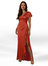 Augday Roya Mermaid V-Neck Pleated Stretch Satin Dress