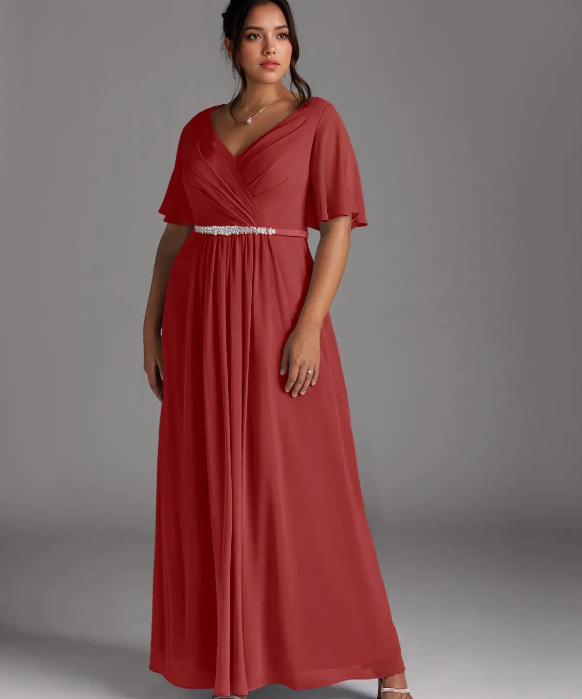 Augday A-Line V-Neck Pleated Chiffon Dress Plus Size