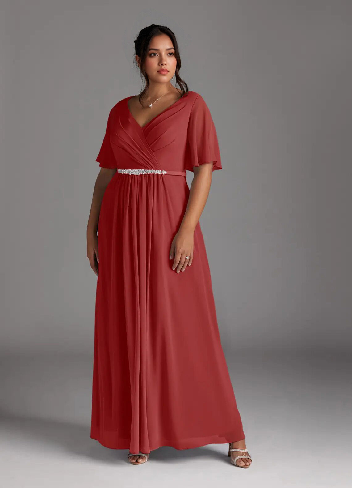 Augday A-Line V-Neck Pleated Chiffon Dress Plus Size