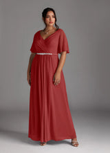 Augday A-Line V-Neck Pleated Chiffon Dress Plus Size
