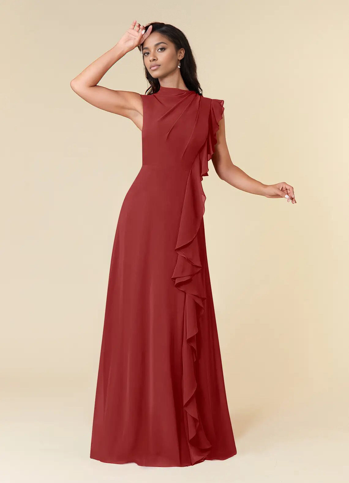 Augday A-Line High Neckline Pleated Chiffon Dress