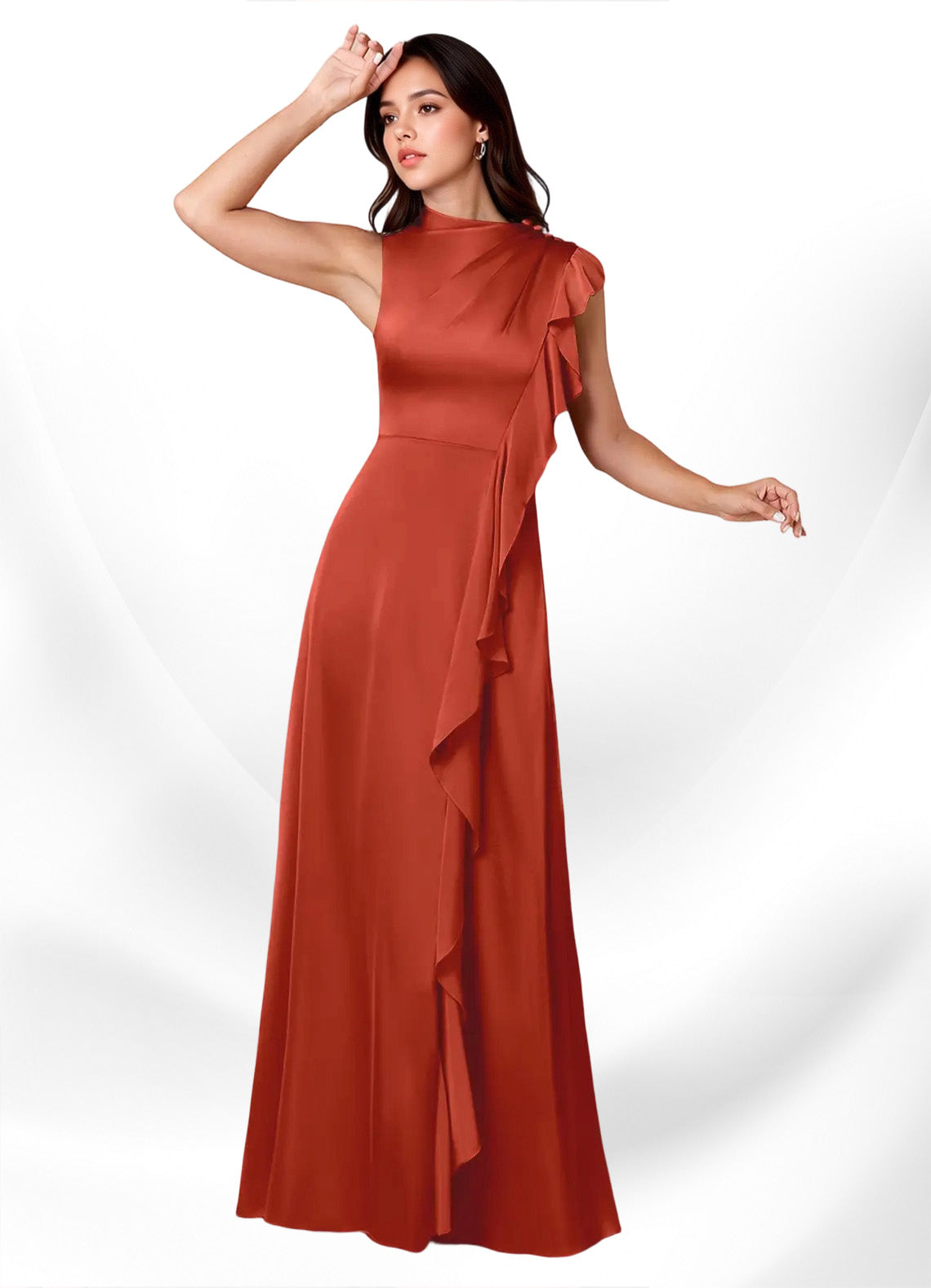Augday Narine A-Line High Neckline Pleated Stretch Satin Dress
