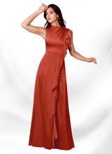 Augday Narine A-Line High Neckline Pleated Stretch Satin Dress