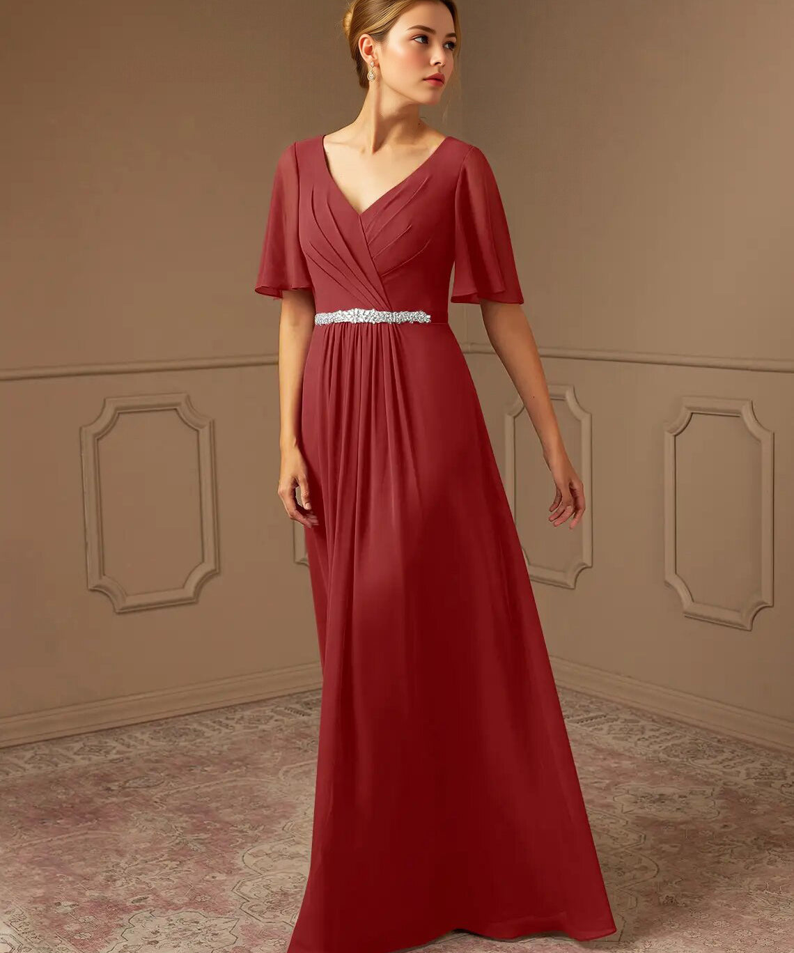 Augday A-Line V-Neck Pleated Chiffon Dress