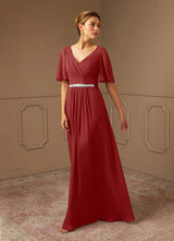Augday A-Line V-Neck Pleated Chiffon Dress