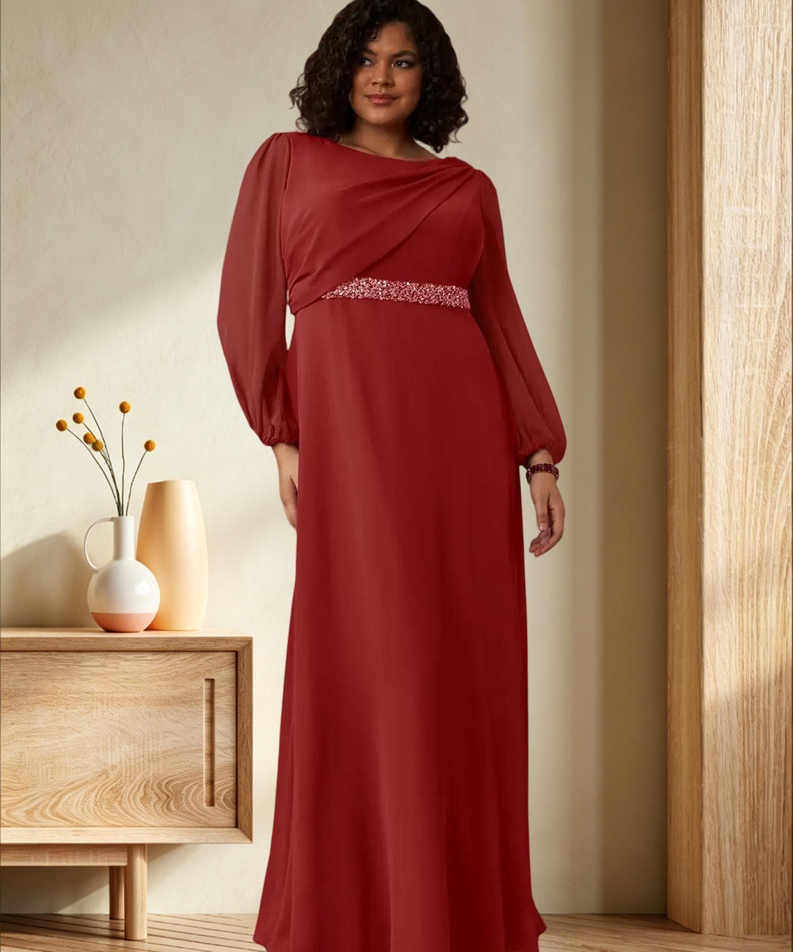 Augday Priyanka A-Line Boatneck Pleated Chiffon Dress