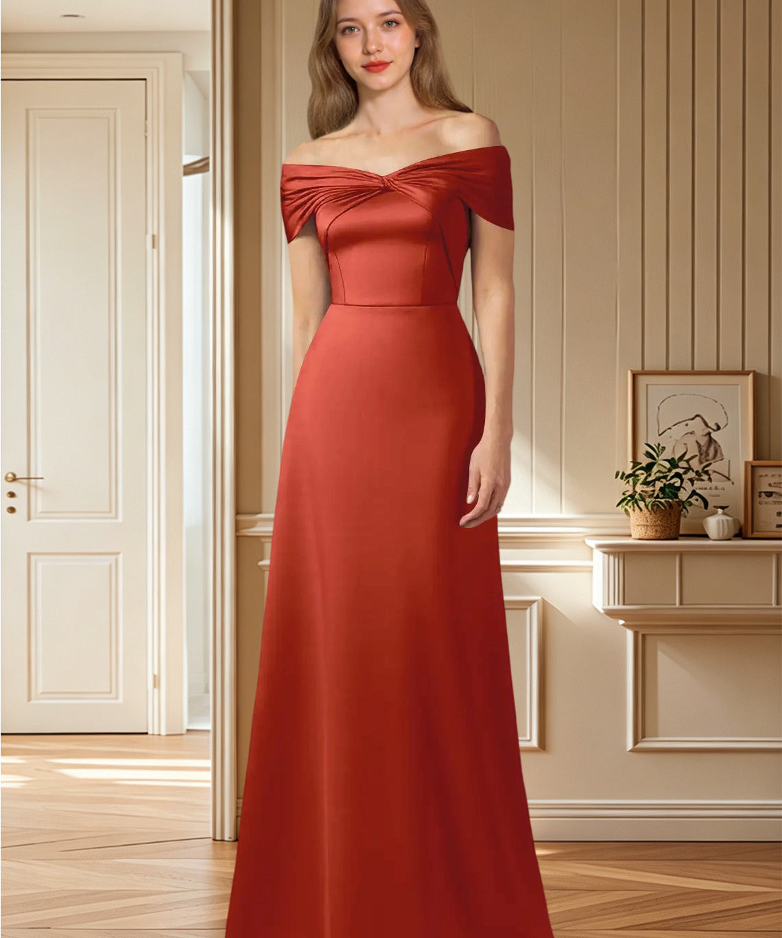 Augday Amelia A-Line Off the Shoulder Stretch Satin Dress