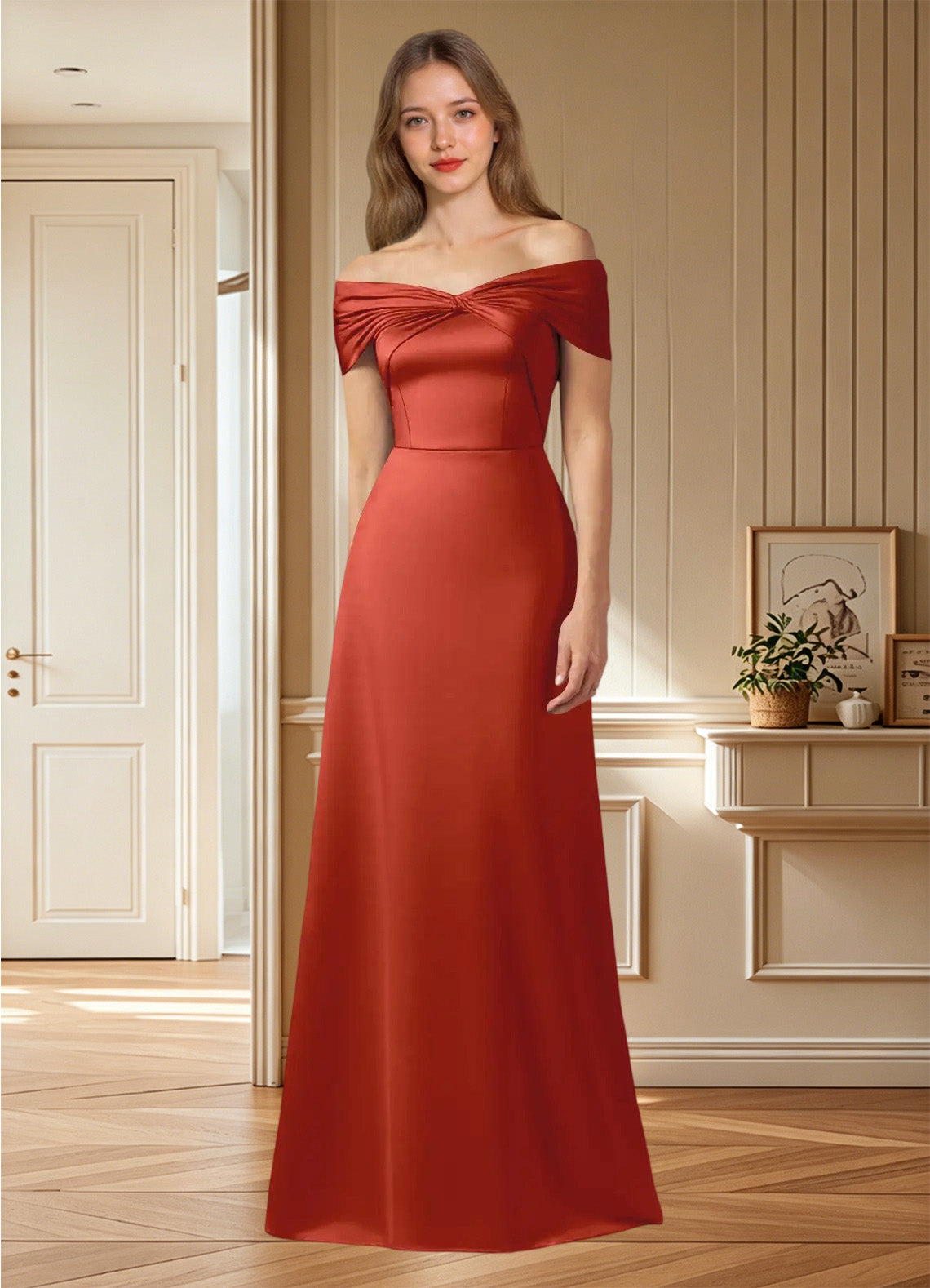 Augday Amelia A-Line Off the Shoulder Stretch Satin Dress