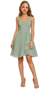 Augday Laly Girl Short Chiffon Flower Girl Dress for Wedding Spaghetti Straps Teens Formal Dresses