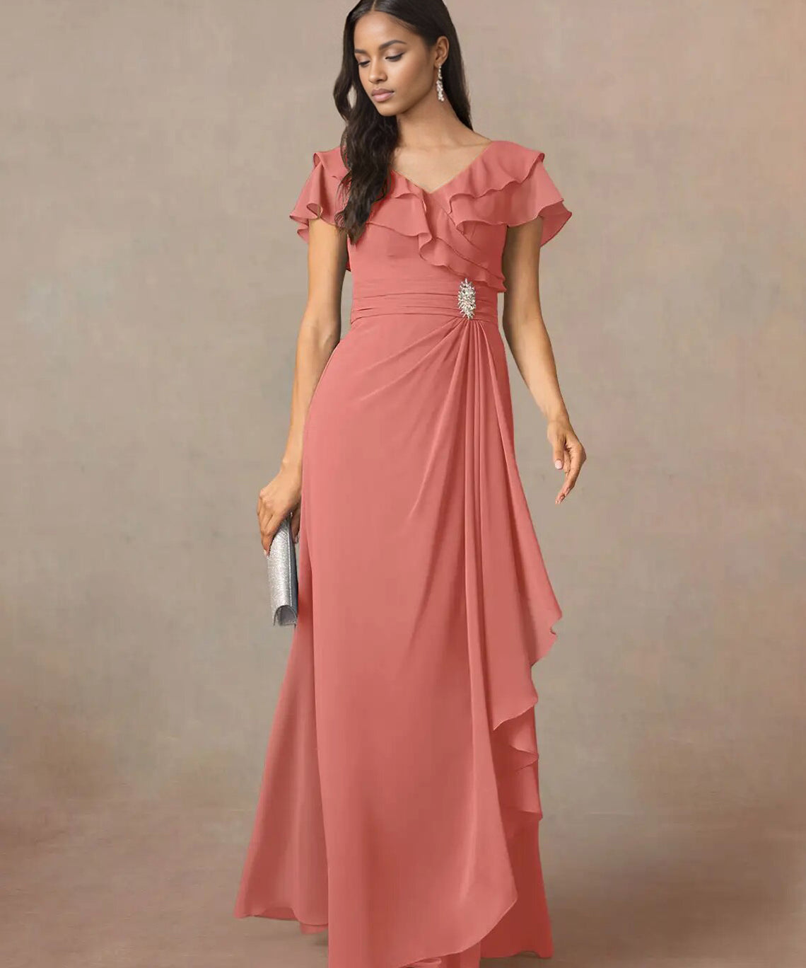 Augday A-Line V-Neck Ruched Chiffon Dress
