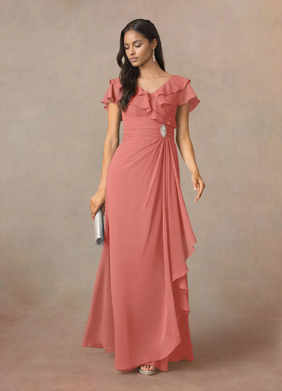 Augday A-Line V-Neck Ruched Chiffon Dress