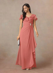 Augday A-Line V-Neck Ruched Chiffon Dress