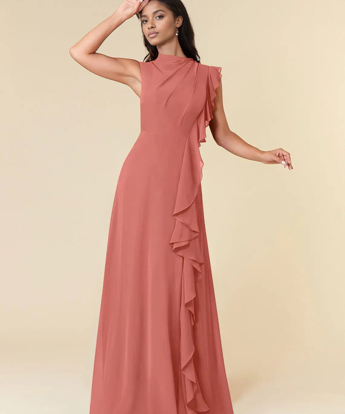 Augday A-Line High Neckline Pleated Chiffon Dress