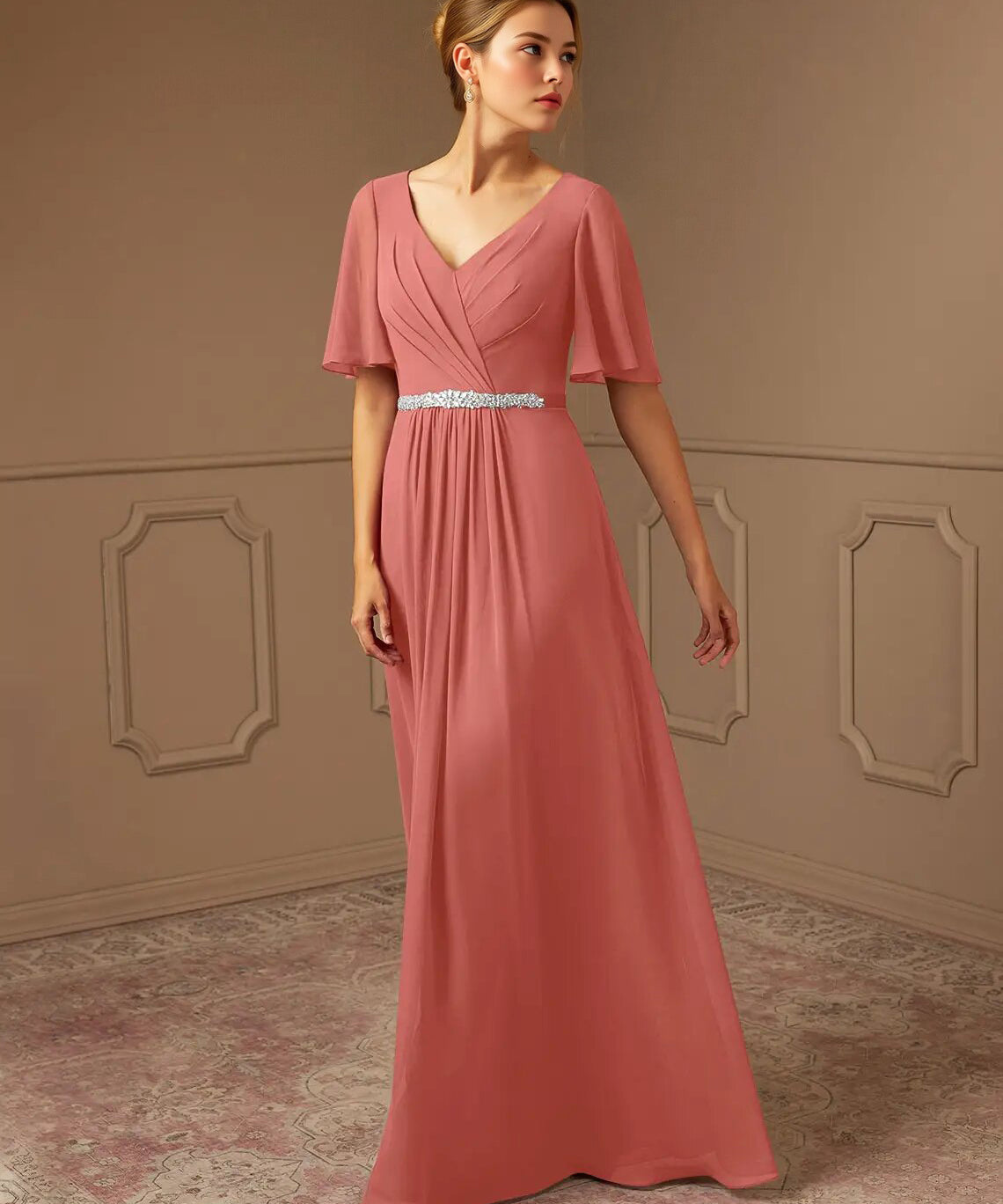 Augday A-Line V-Neck Pleated Chiffon Dress