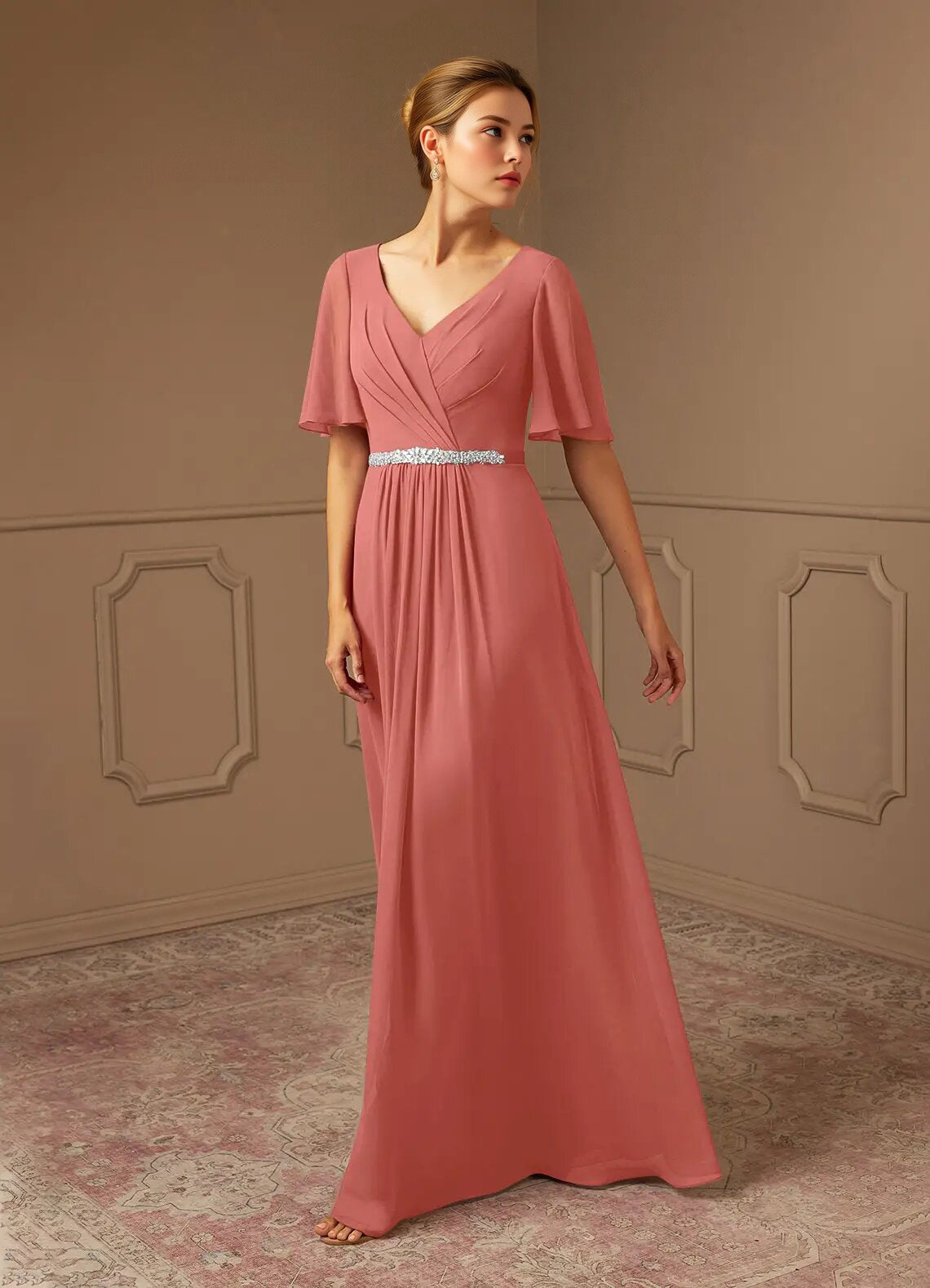 Augday A-Line V-Neck Pleated Chiffon Dress