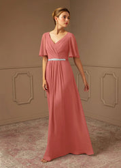 Augday A-Line V-Neck Pleated Chiffon Dress