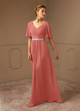Augday A-Line V-Neck Pleated Chiffon Dress