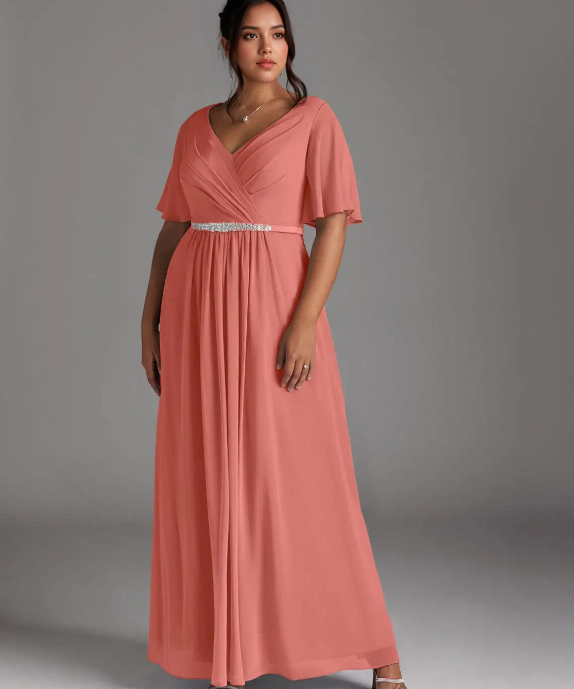 Augday A-Line V-Neck Pleated Chiffon Dress Plus Size