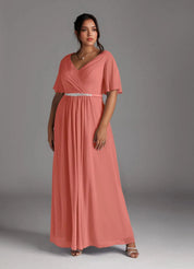 Augday A-Line V-Neck Pleated Chiffon Dress Plus Size