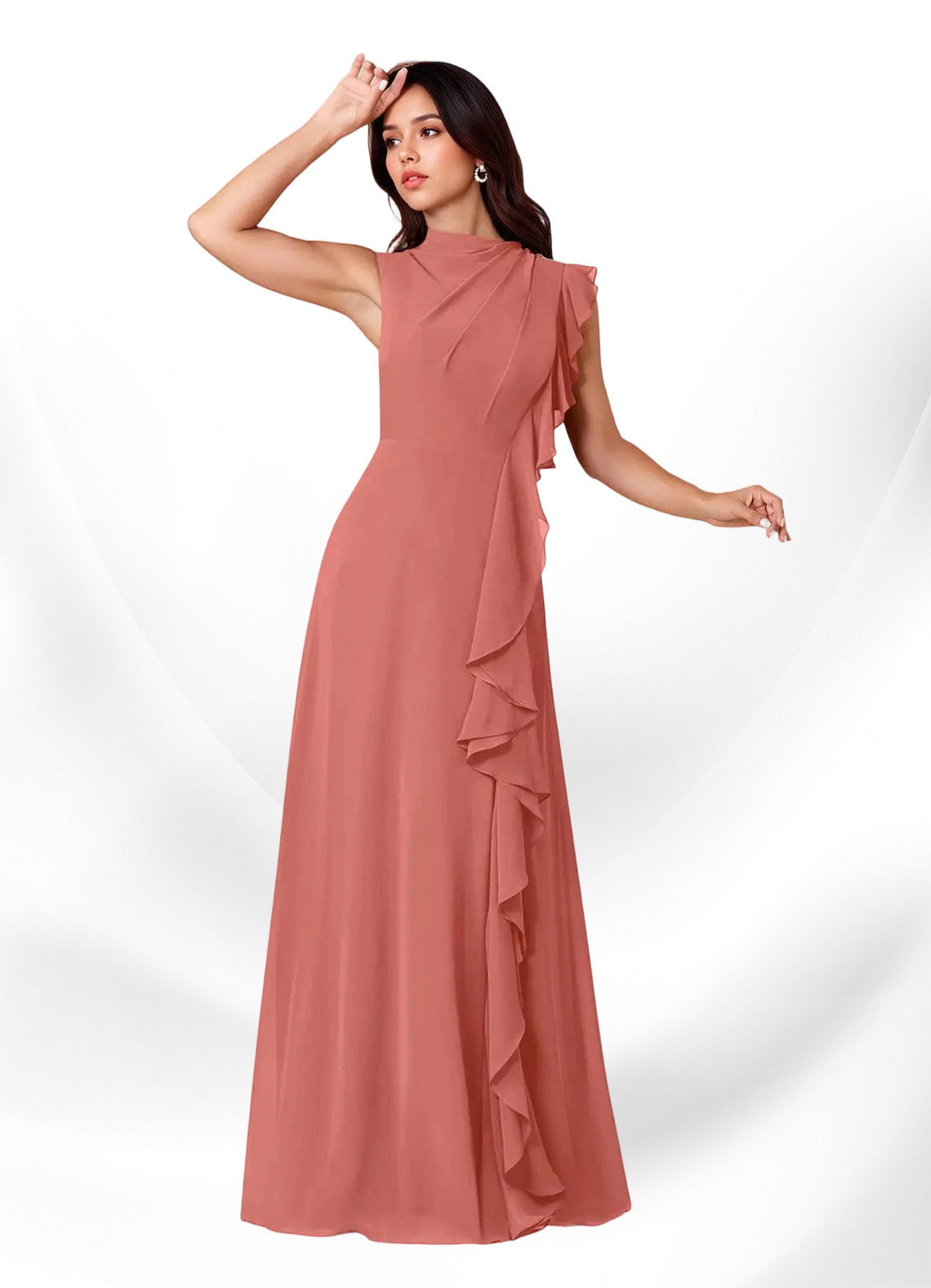Augday Narine A-Line High Neckline Pleated Chiffon Dress
