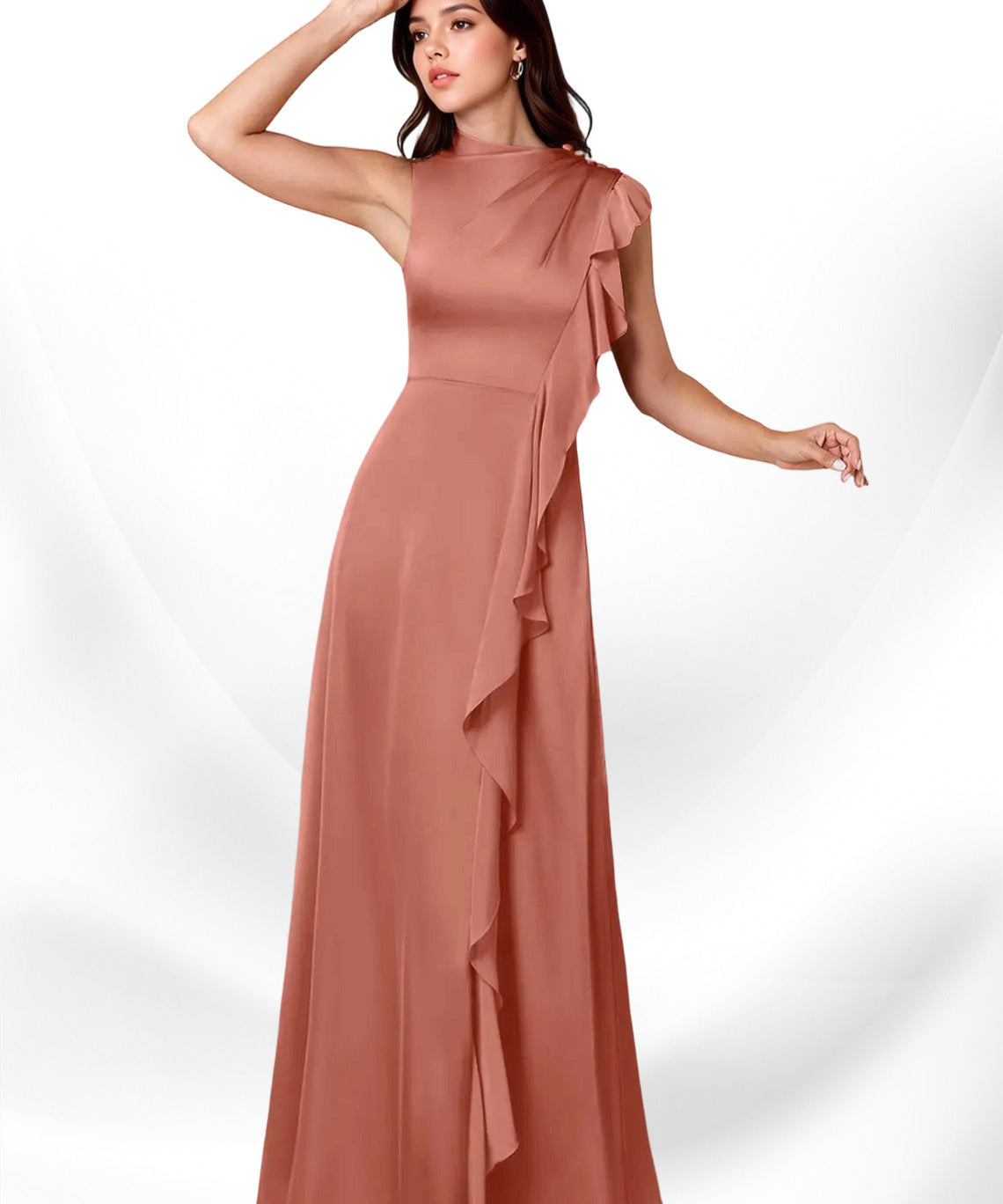 Augday Narine A-Line High Neckline Pleated Stretch Satin Dress
