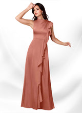 Augday Narine A-Line High Neckline Pleated Stretch Satin Dress