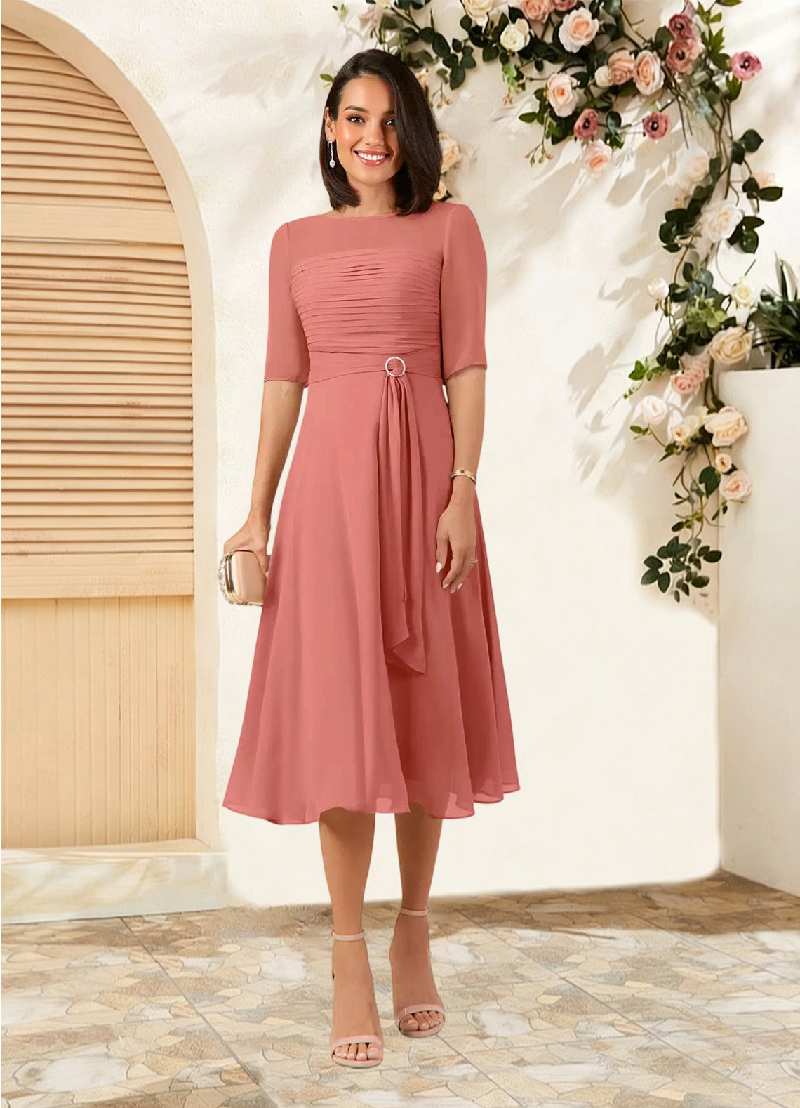 Augday Naomi A-Line Boatneck Pleated Chiffon Dress