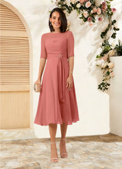 Augday Naomi A-Line Boatneck Pleated Chiffon Dress