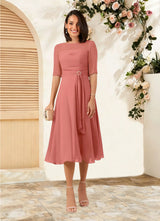 Augday Naomi A-Line Boatneck Pleated Chiffon Dress