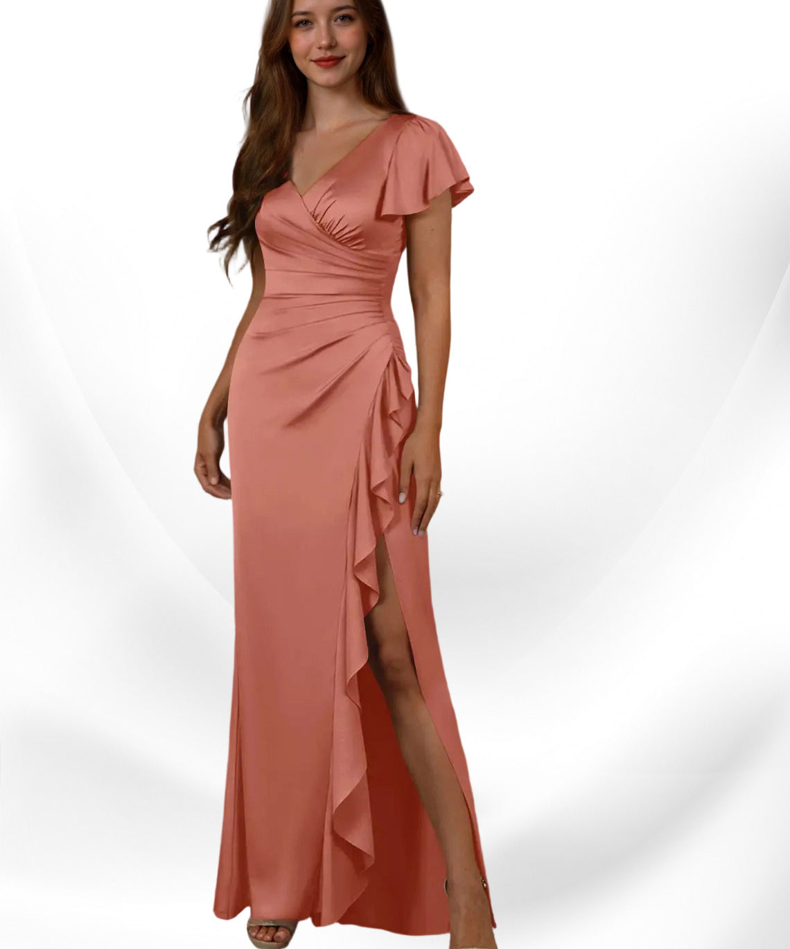 Augday Roya Mermaid V-Neck Pleated Stretch Satin