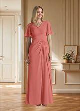 Augday Morning Glory A-Line V-Neck Ruched Chiffon Dress