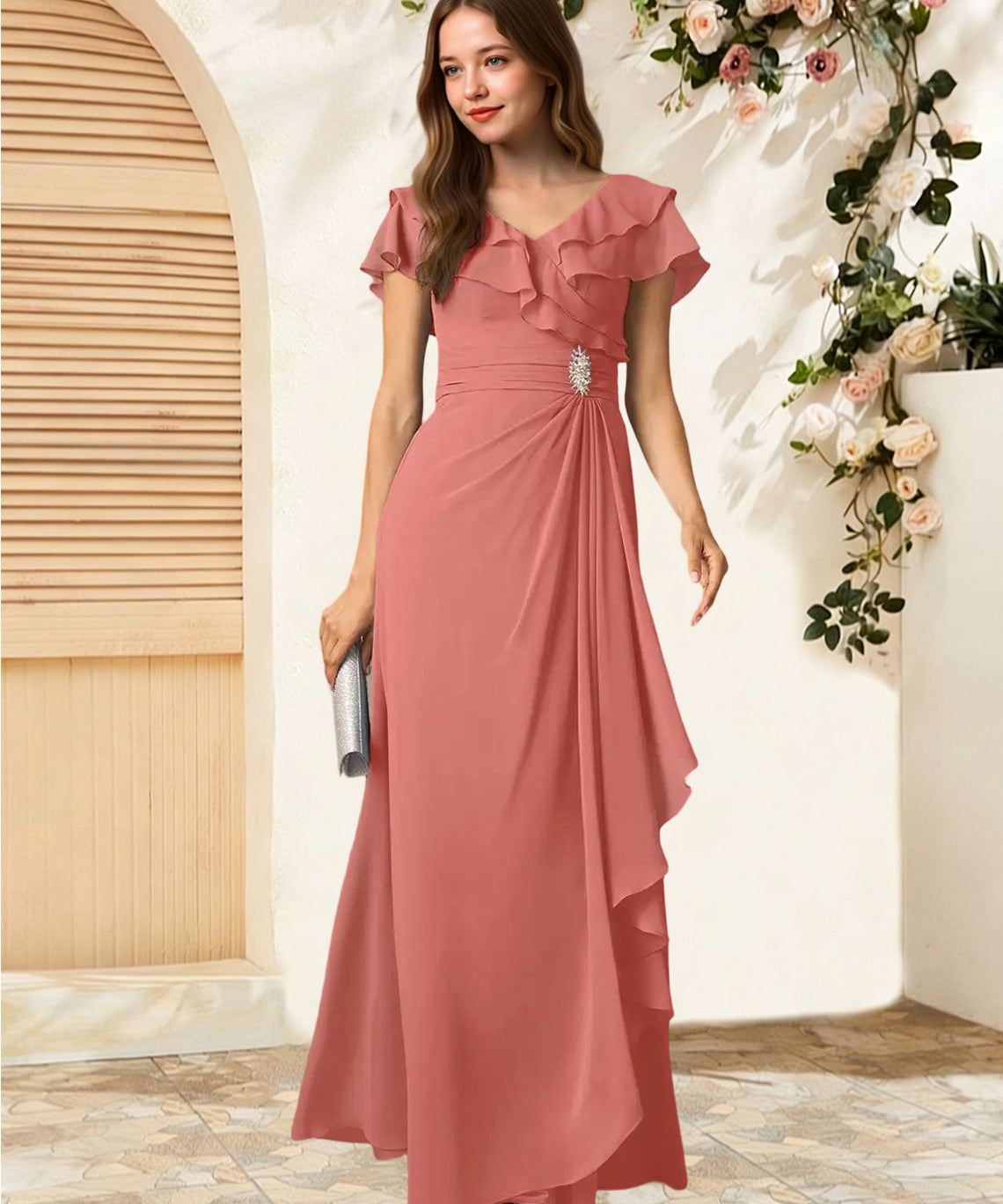 Augday Snapdragon A-Line V-Neck Ruched Chiffon Dress