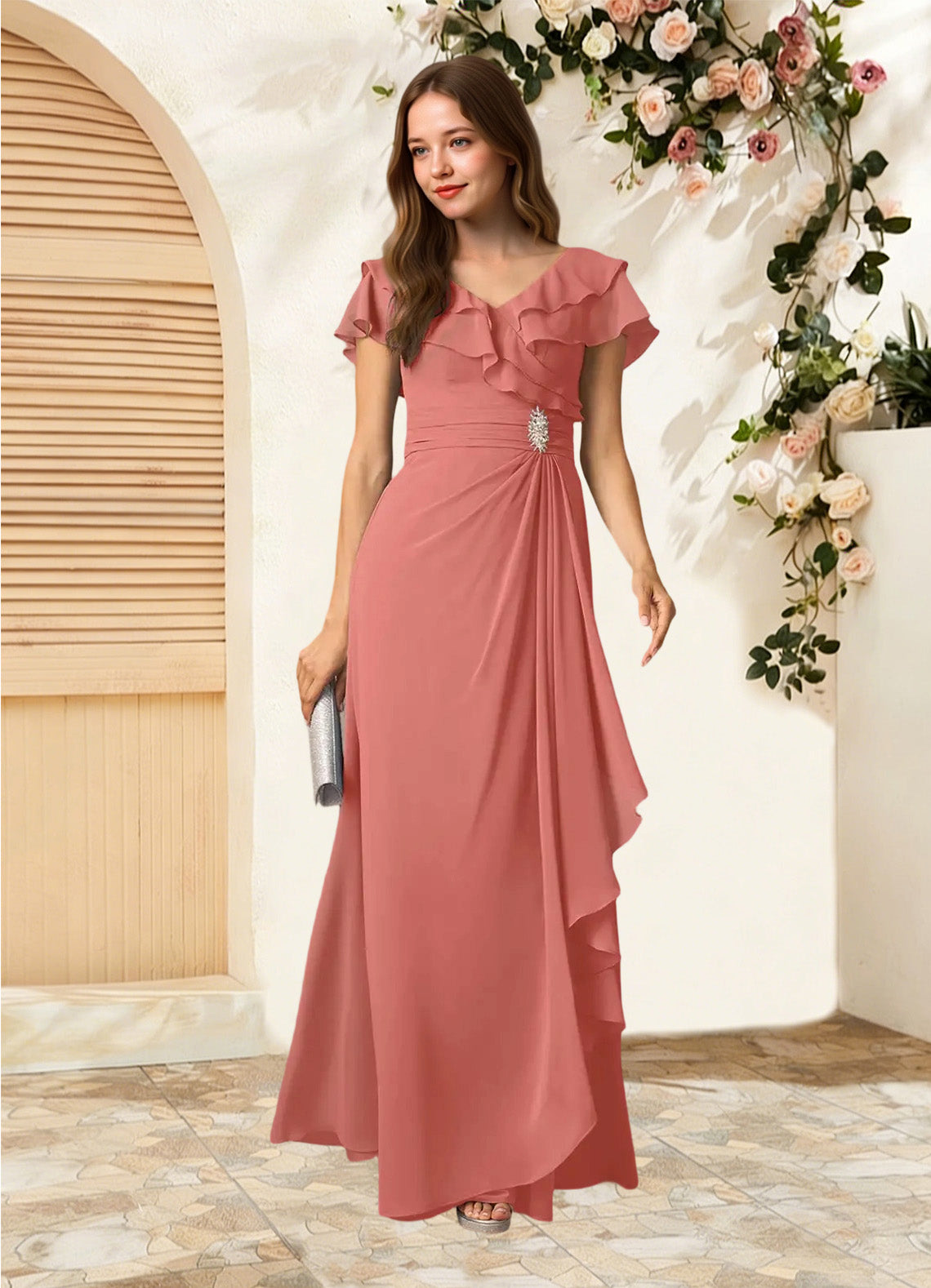 Augday Snapdragon A-Line V-Neck Ruched Chiffon Dress