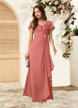 Augday Snapdragon A-Line V-Neck Ruched Chiffon Dress