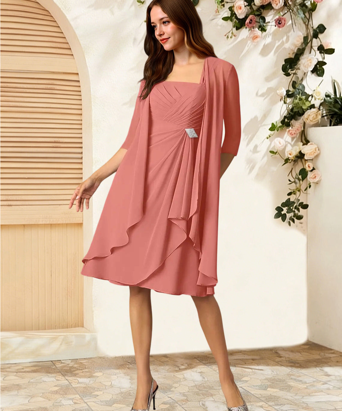 Augday Olivia A-Line Square Neckline Pleated Chiffon Dress