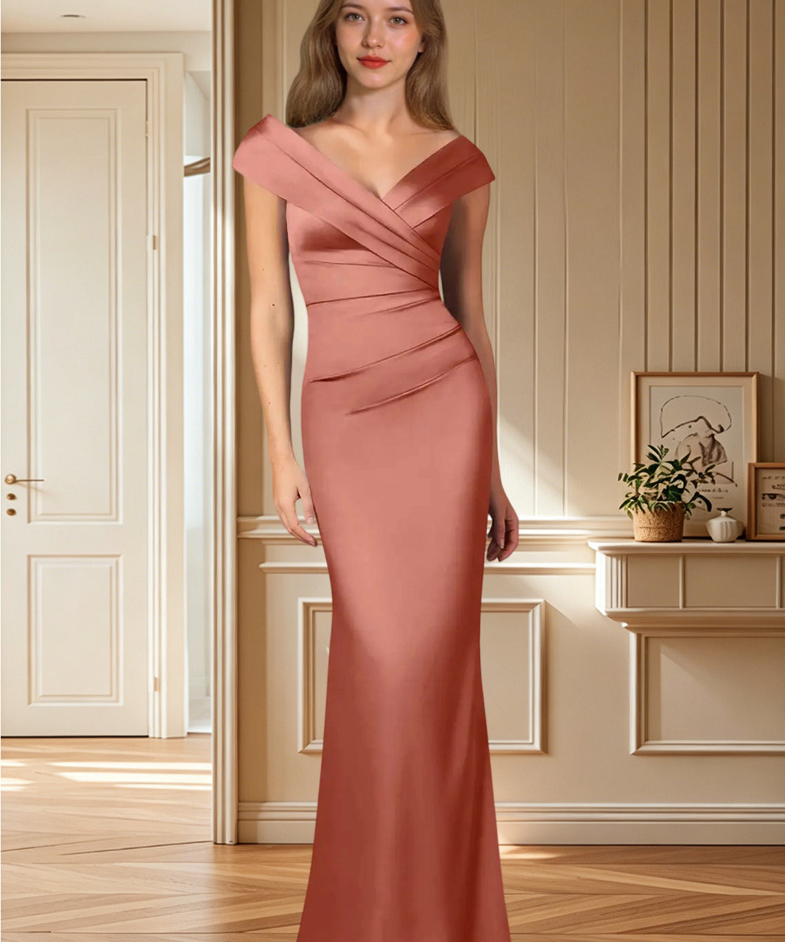 Augday Ludlow Mermaid Pleated Stretch Satin Dress