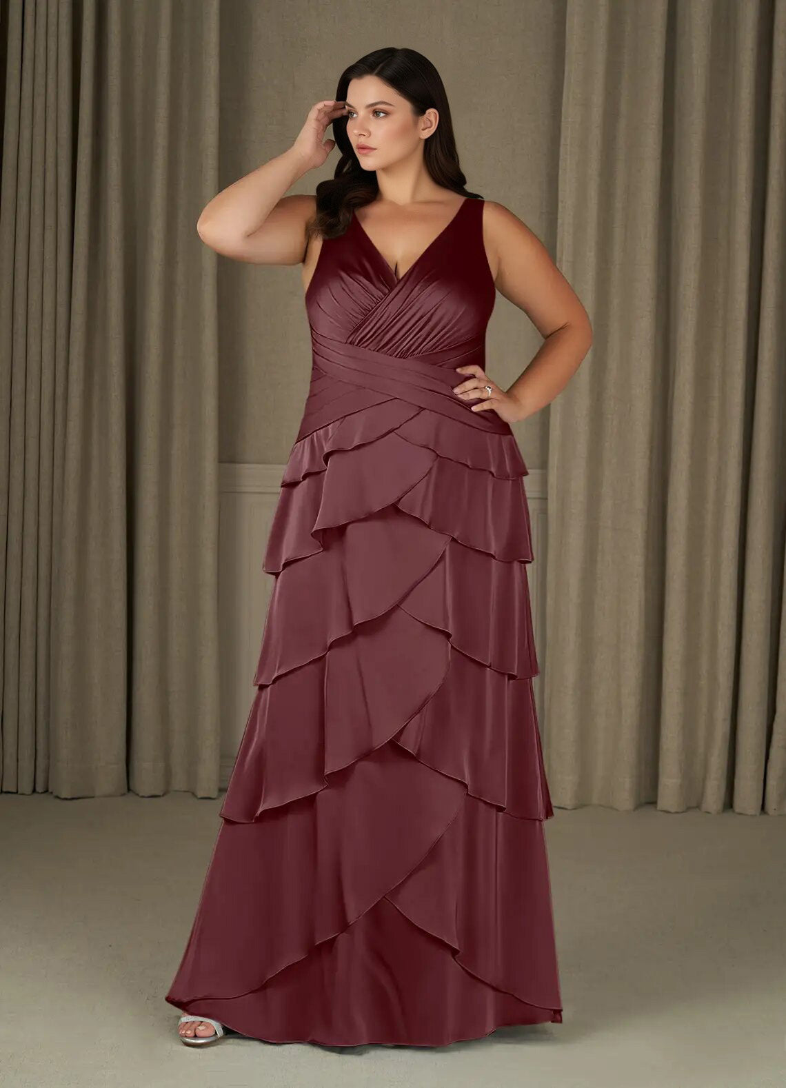 Augday Viola A-Line Pleated Stretch Satin Dress Plus Size
