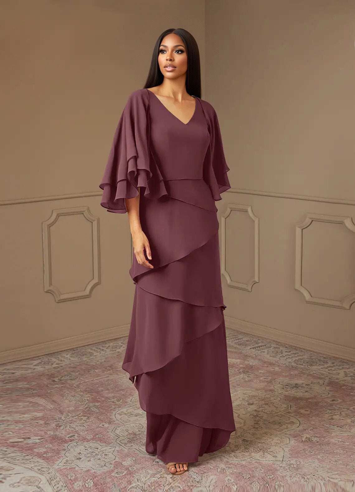 Augday OHara A-Line V-Neck Chiffon Dress